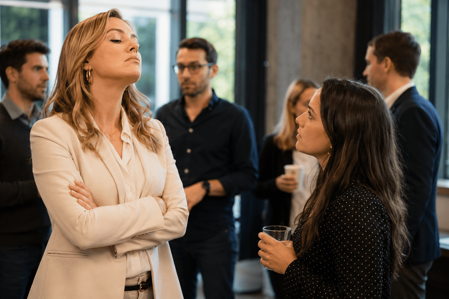 A tense office gathering showing a haughty standoff between colleagues