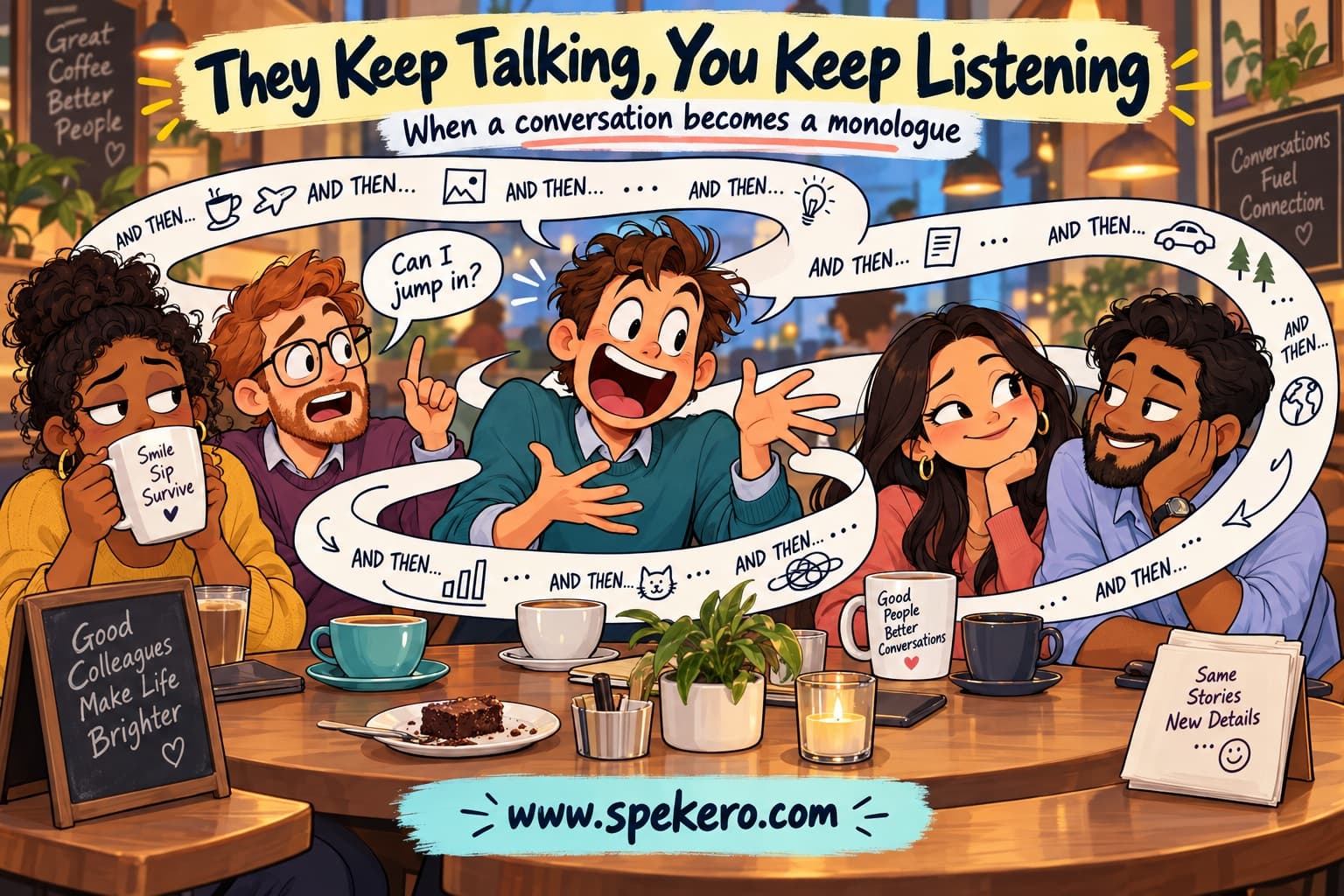 A cafe conversation where one person keeps talking while others struggle to join in