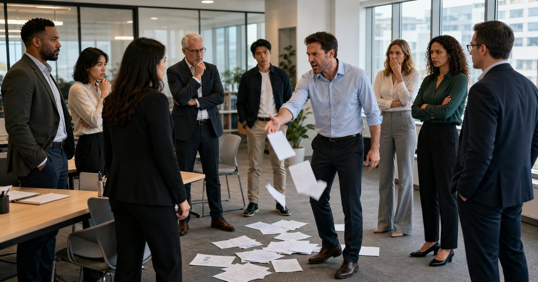 An office worker throwing papers on the floor while colleagues keep a calm distance