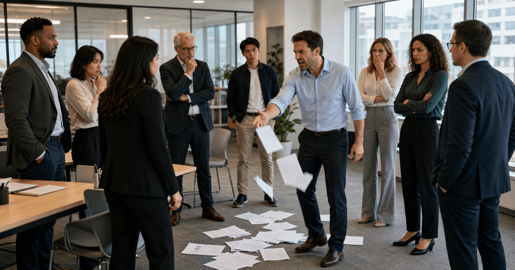 An office worker throwing papers on the floor while colleagues keep a calm distance
