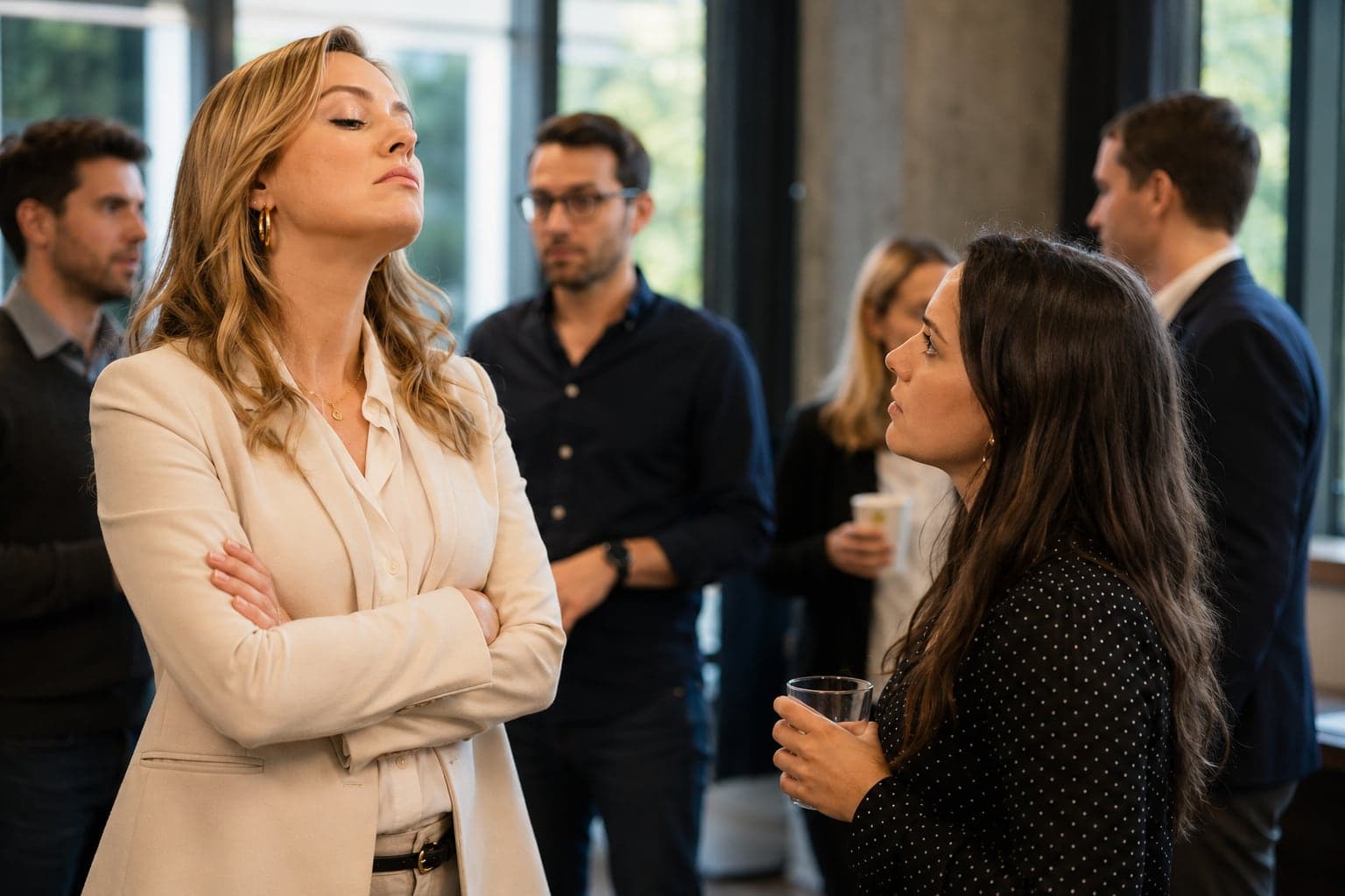 A tense office gathering showing a haughty standoff between colleagues