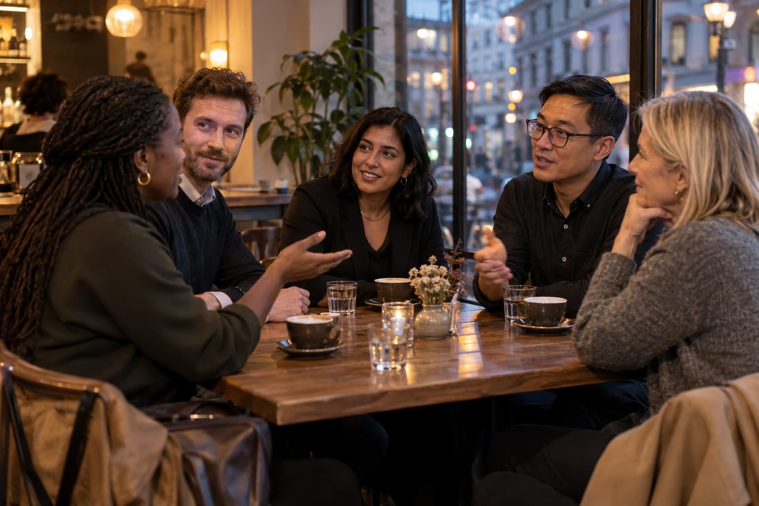 Friends having an inclusive after-work conversation in a cafe with balanced listening and speaking