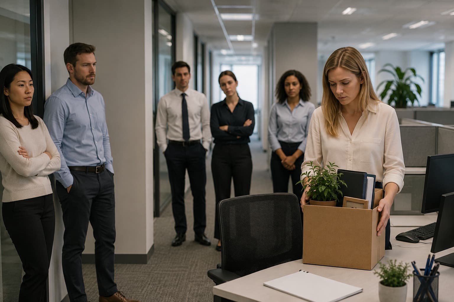 A sombre workplace farewell after a difficult office bullying situation is finally exposed