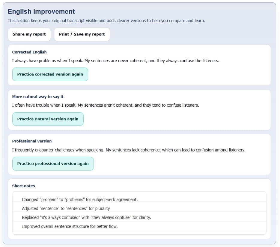 Example of an English improvement report generated by Spekero