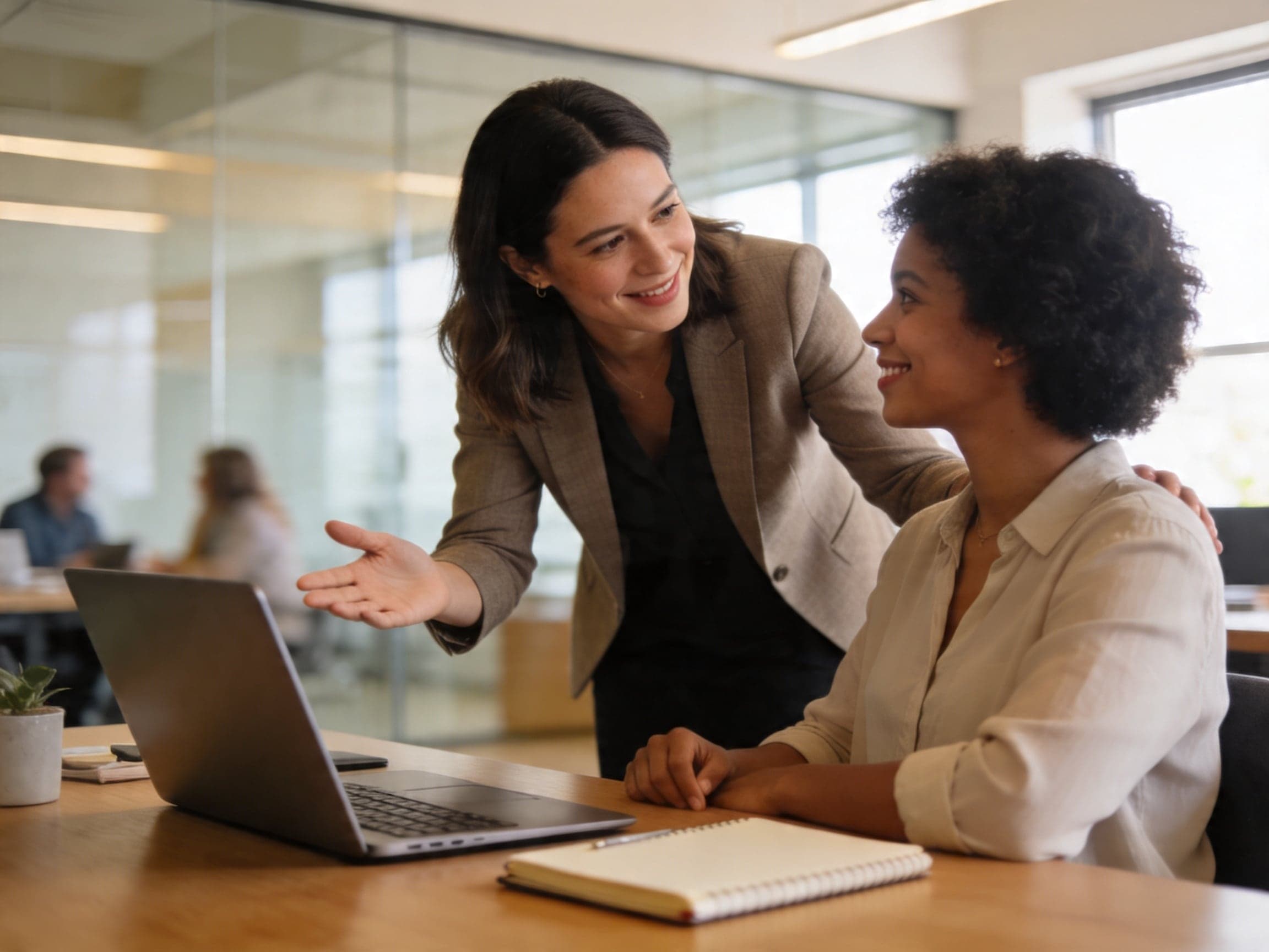 A supportive manager speaking clearly and respectfully with a colleague at work