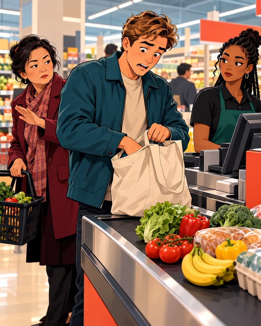 You reach the till and realise you forgot your purse. While you are trying to explain, the next customer makes a rude gesture as if telling you to move away so it can be their turn.